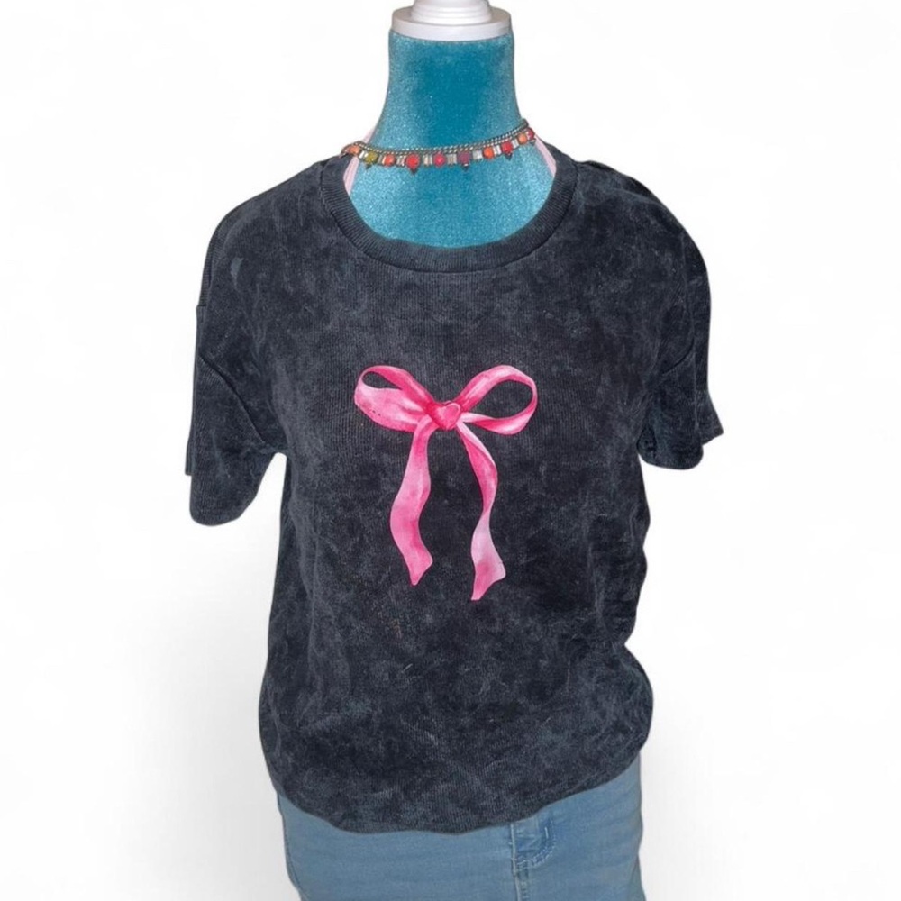 Black T-Shirt with Pink Bow Design